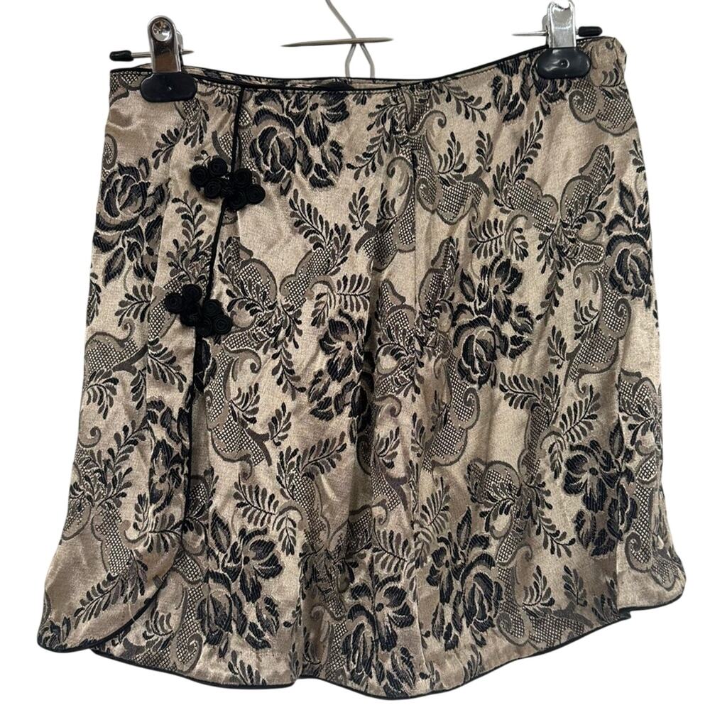 Vintage 1990s Floral Black & Gold Mini Wrap Skirt Womens M 90s Asian Inspired